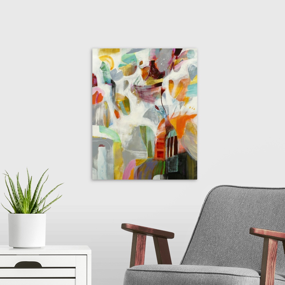 A modern room featuring A contemporary warm season painting with layers of organic shapes in yellows, oranges and teal on...