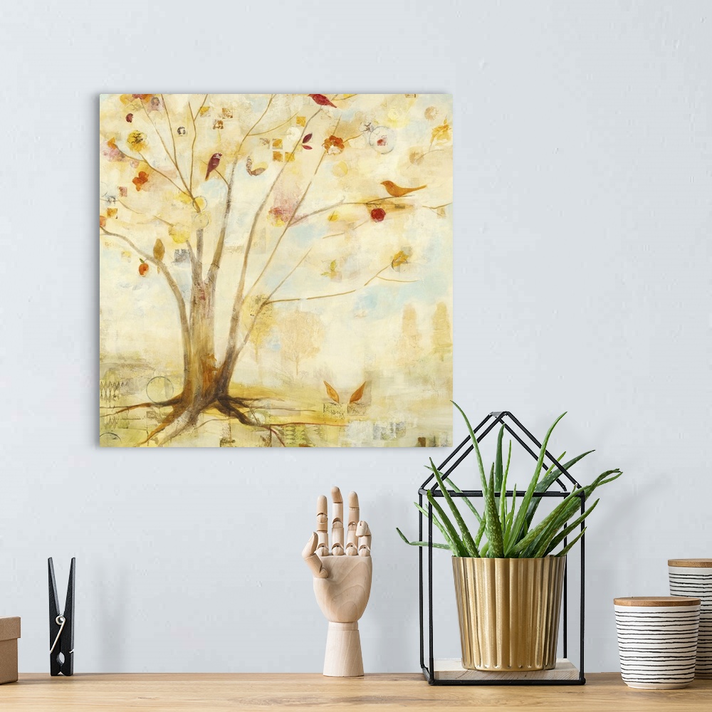 A bohemian room featuring Contemporary painting of a tree in pale golden colors.