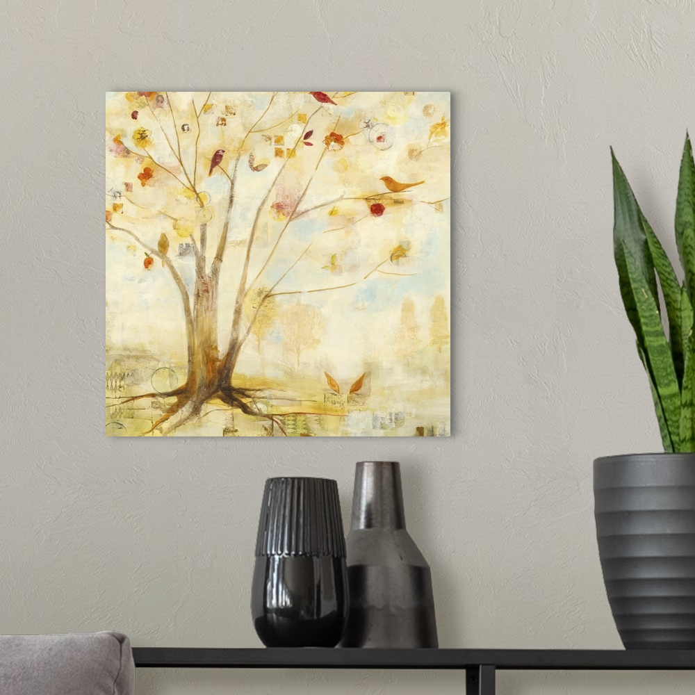 A modern room featuring Contemporary painting of a tree in pale golden colors.