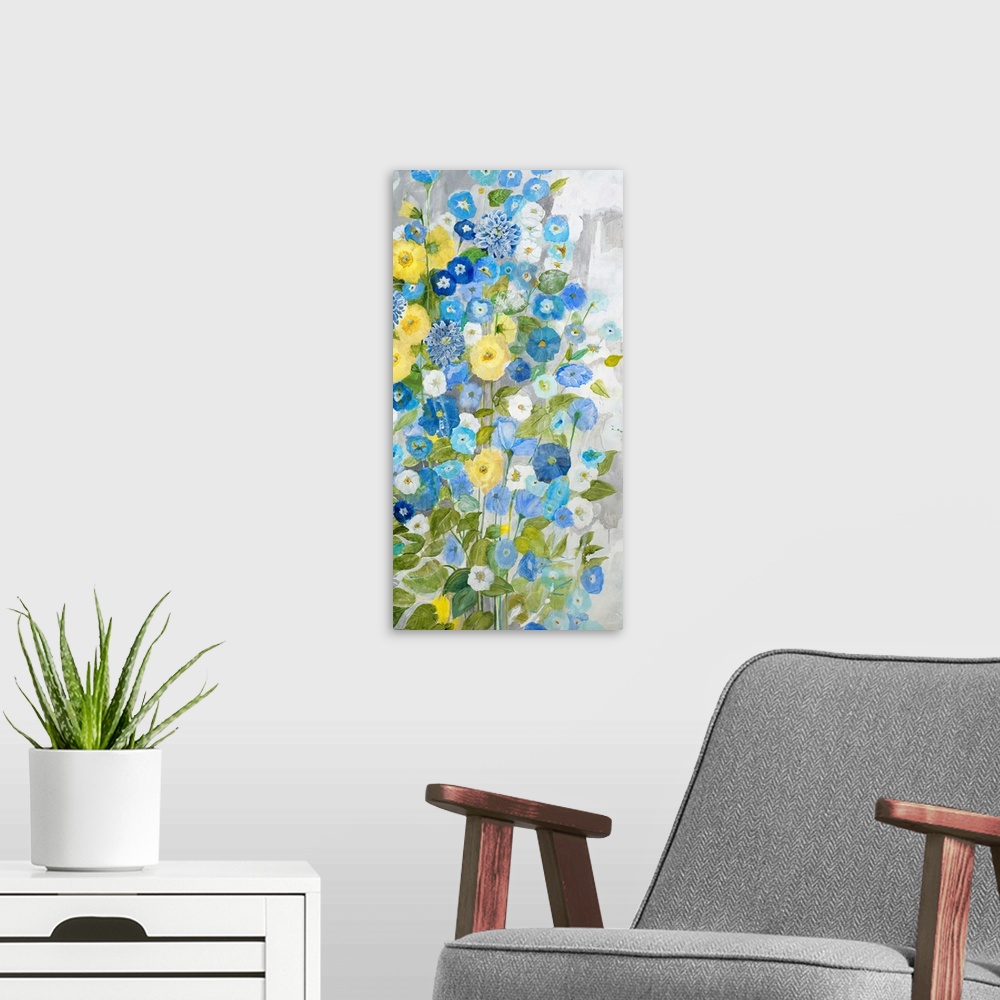 A modern room featuring A contemporary of blue and yellow flowers.