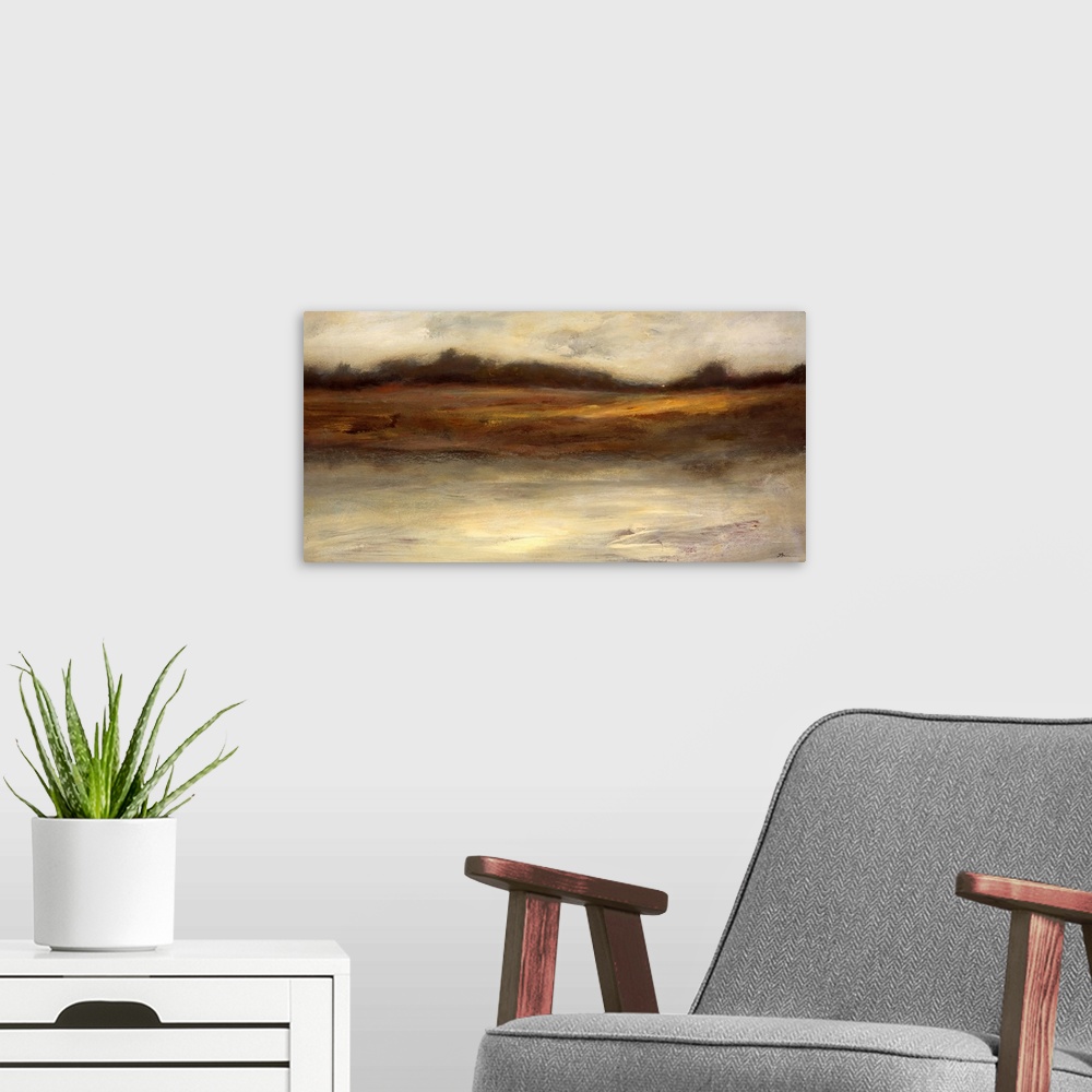 A modern room featuring Contemporary abstracted landscape painting using muted earthy tones.