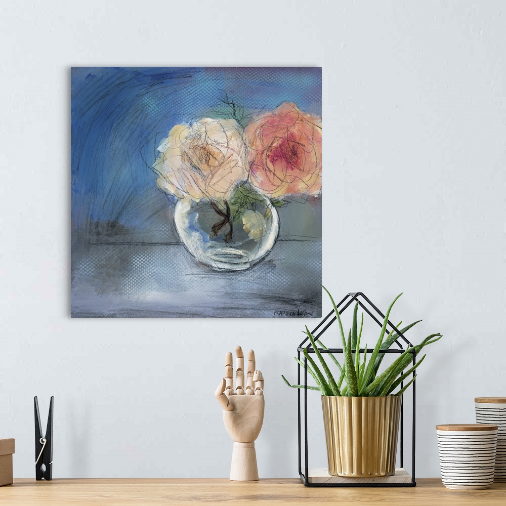A bohemian room featuring Contemporary painting of a small glass vase holding pink flowers.
