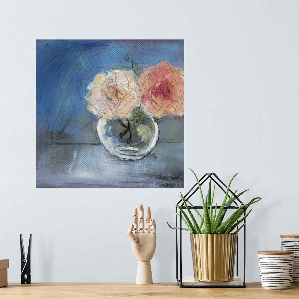 A bohemian room featuring Contemporary painting of a small glass vase holding pink flowers.