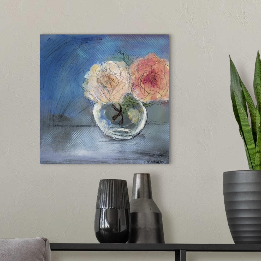 A modern room featuring Contemporary painting of a small glass vase holding pink flowers.