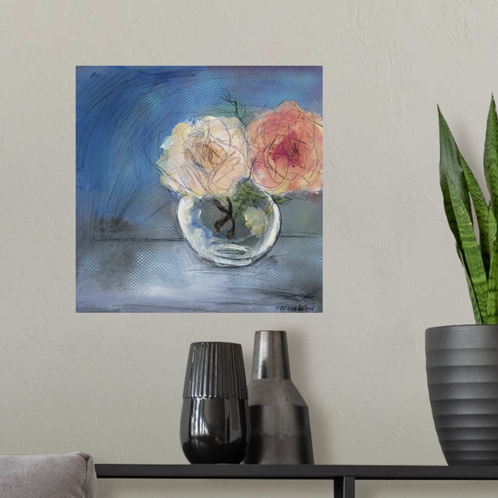 A modern room featuring Contemporary painting of a small glass vase holding pink flowers.