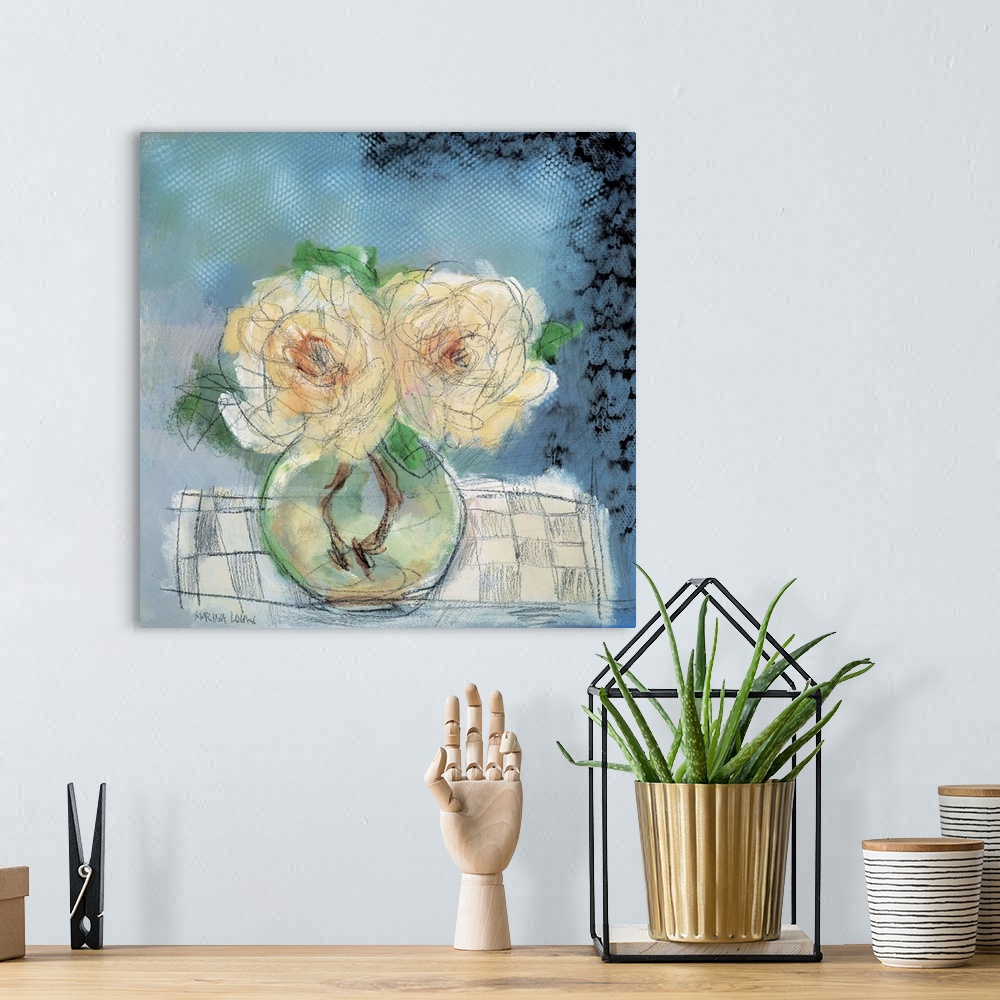 A bohemian room featuring Contemporary painting of a small glass vase holding white flowers.