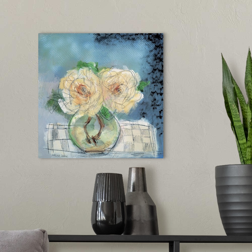 A modern room featuring Contemporary painting of a small glass vase holding white flowers.