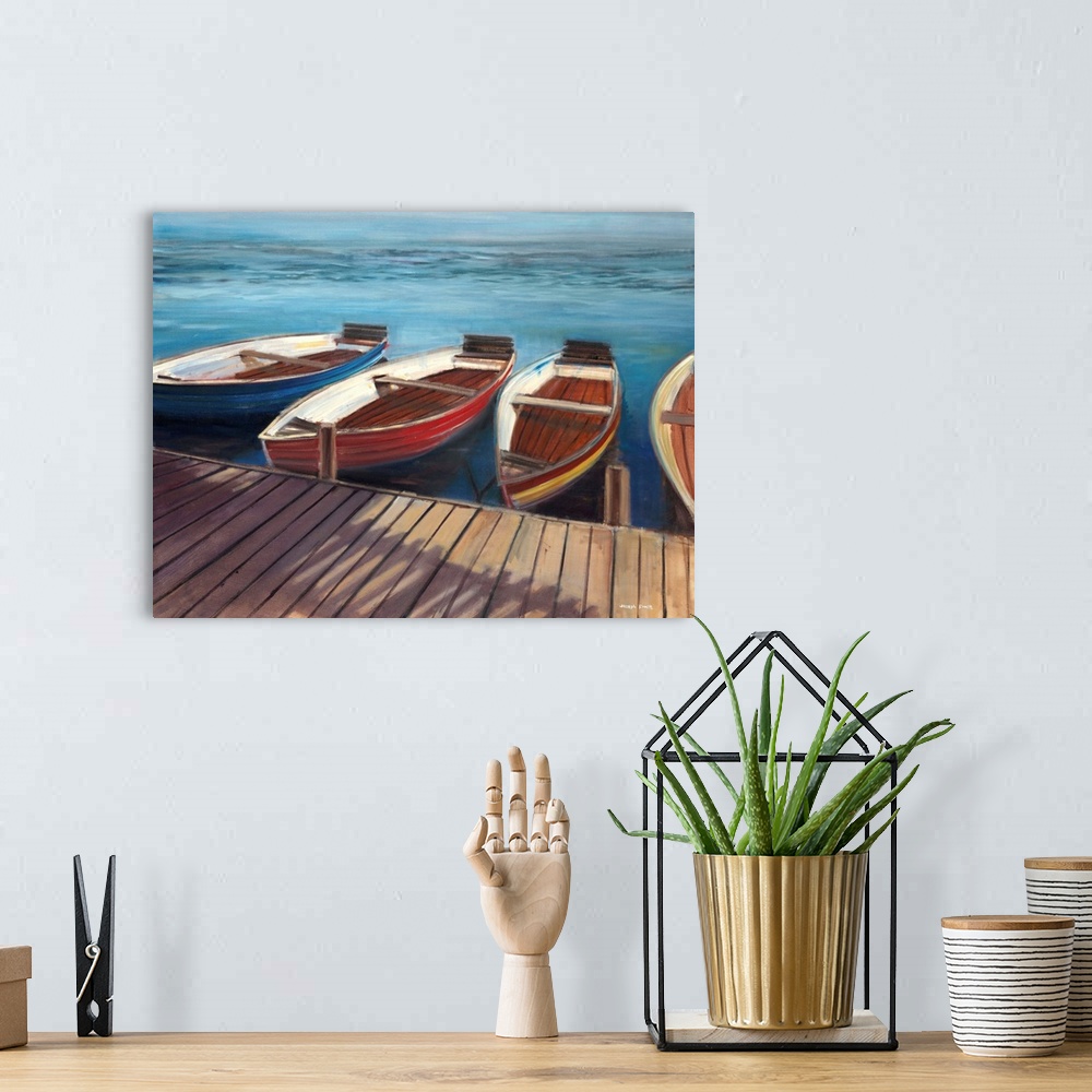 A bohemian room featuring Contemporary painting of wooden row boats lined up behind a wooden dock.