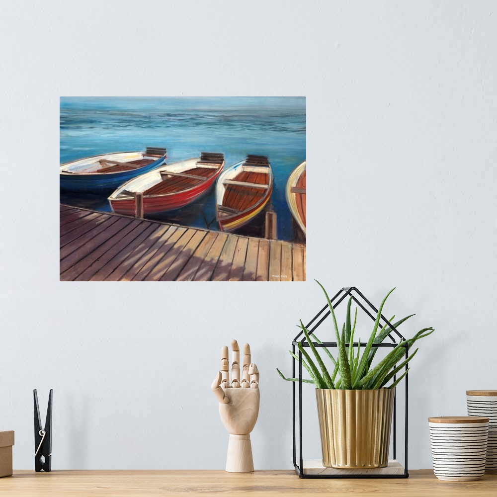 A bohemian room featuring Contemporary painting of wooden row boats lined up behind a wooden dock.