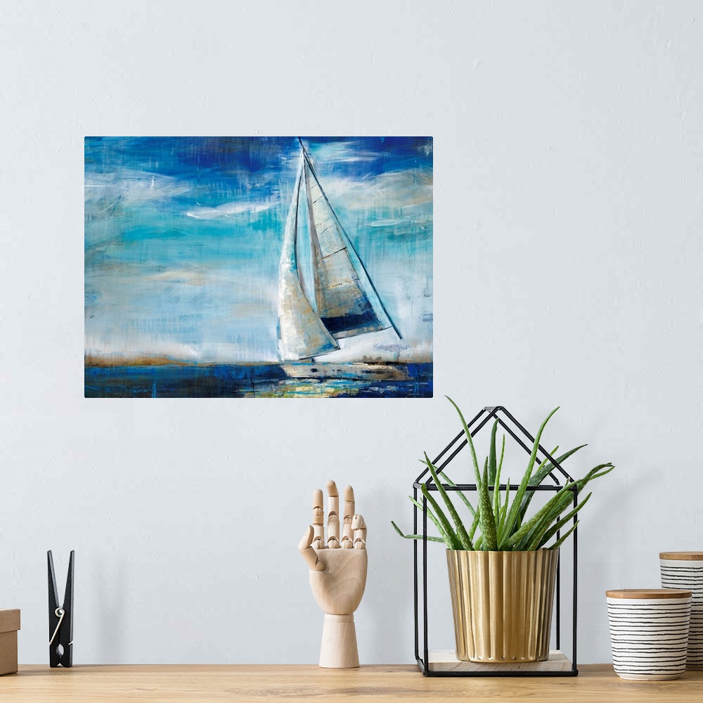 A bohemian room featuring Large, horizontal painting of a sailboat in deep blue waters, against a sky of whipping clouds. P...