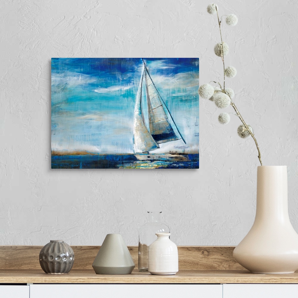 A farmhouse room featuring Large, horizontal painting of a sailboat in deep blue waters, against a sky of whipping clouds. P...