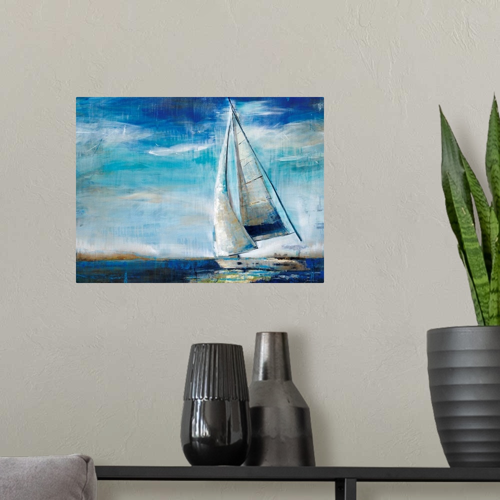 A modern room featuring Large, horizontal painting of a sailboat in deep blue waters, against a sky of whipping clouds. P...
