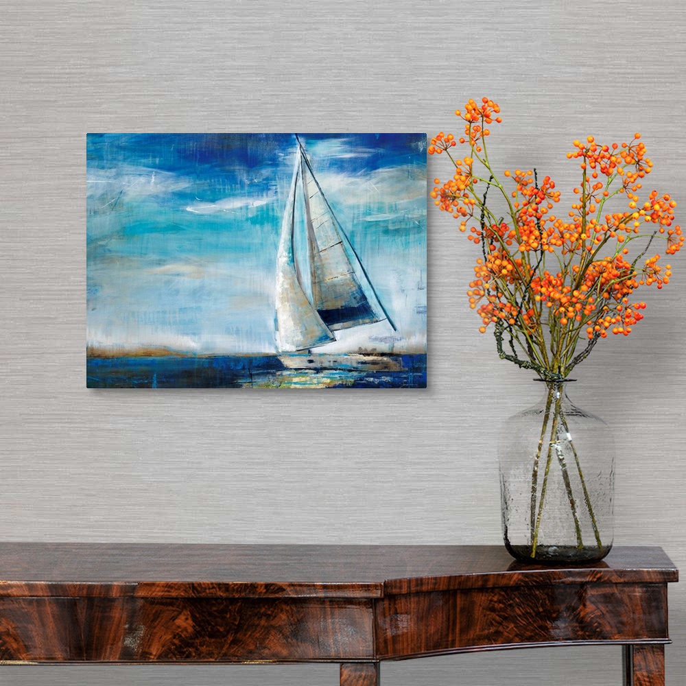 A traditional room featuring Large, horizontal painting of a sailboat in deep blue waters, against a sky of whipping clouds. P...
