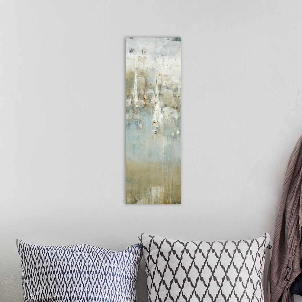A bohemian room featuring Abstract painting using cool and neutral tones.