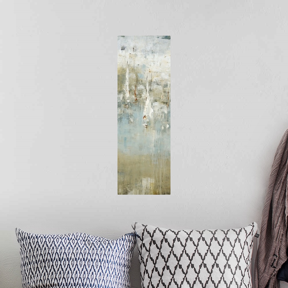 A bohemian room featuring Abstract painting using cool and neutral tones.