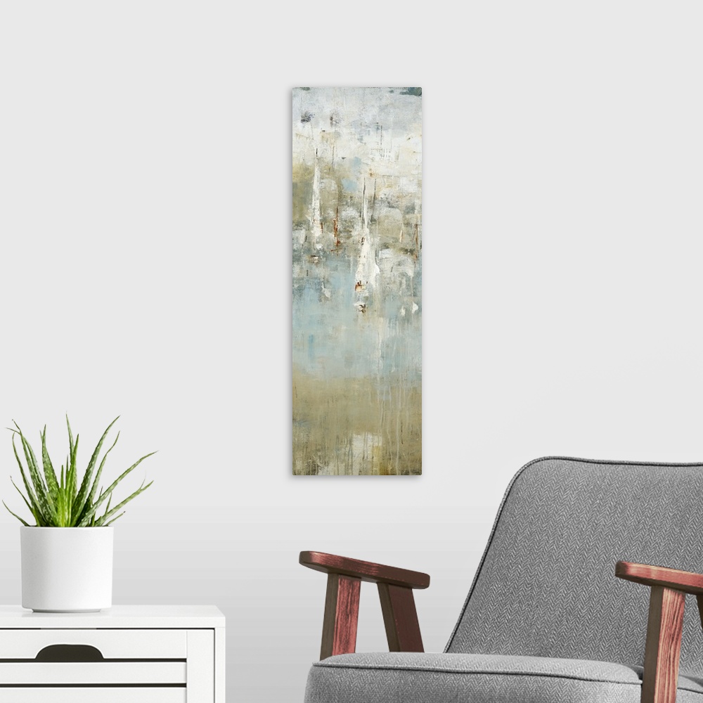 A modern room featuring Abstract painting using cool and neutral tones.