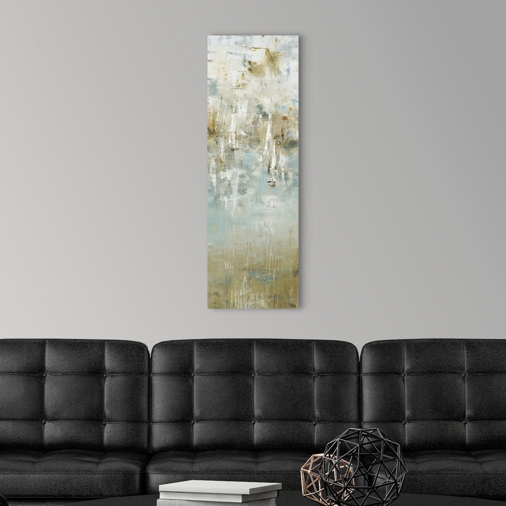 A modern room featuring Abstract painting using cool and neutral tones.