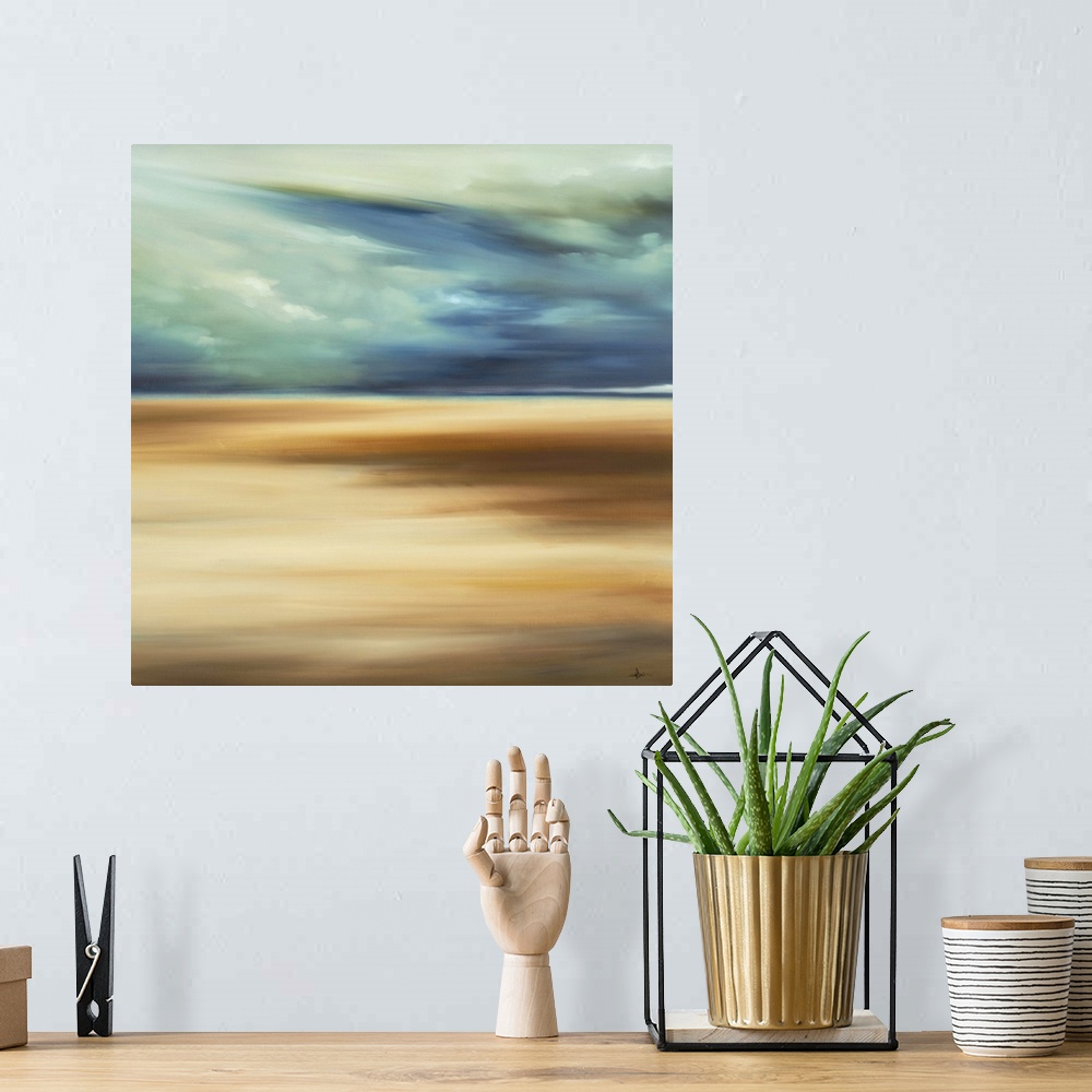 A bohemian room featuring Contemporary abstract painting depicting a sandy beach with the ocean in the distance under a clo...