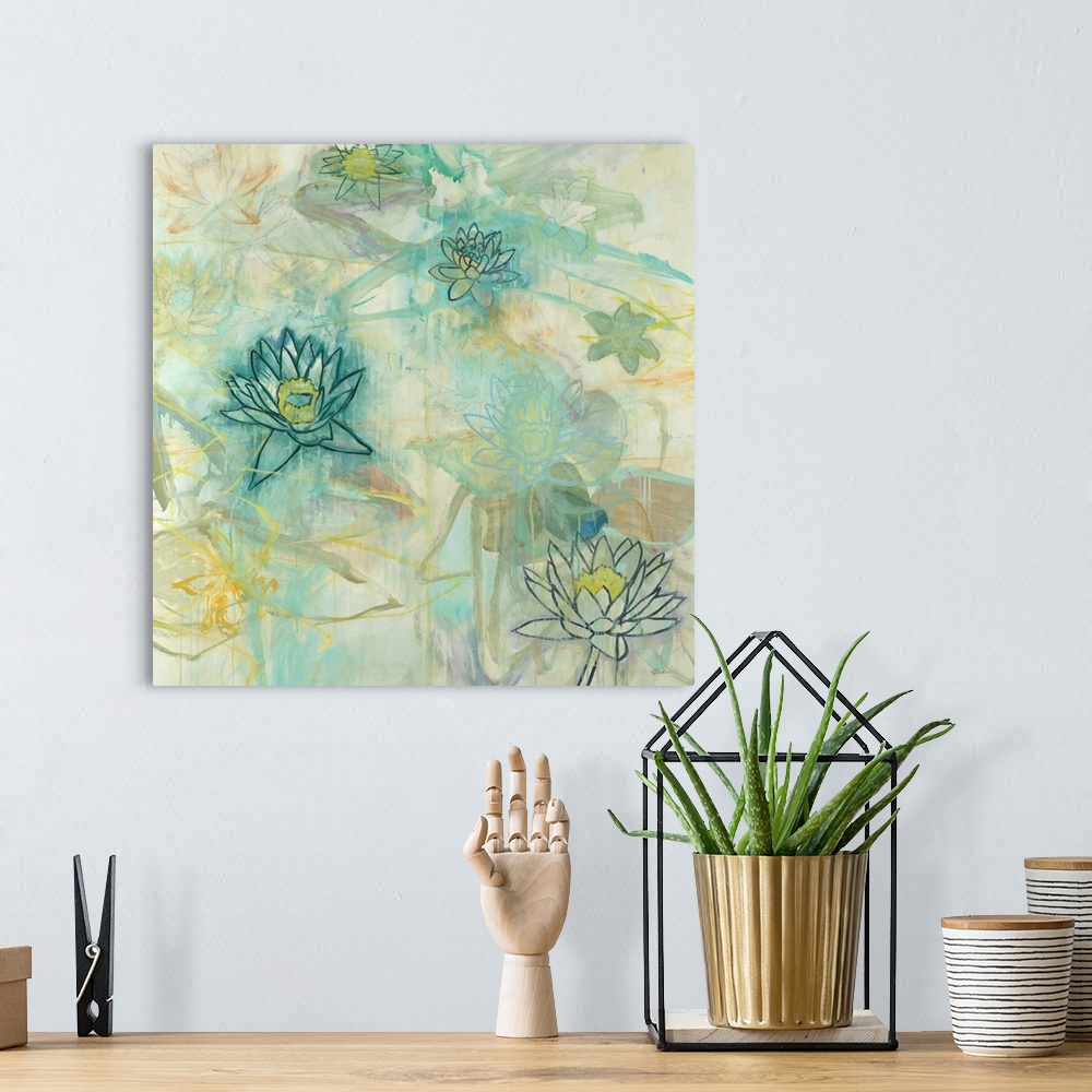 A bohemian room featuring Square painting with light abstract brushstrokes in the background and lotus flowers in the foreg...