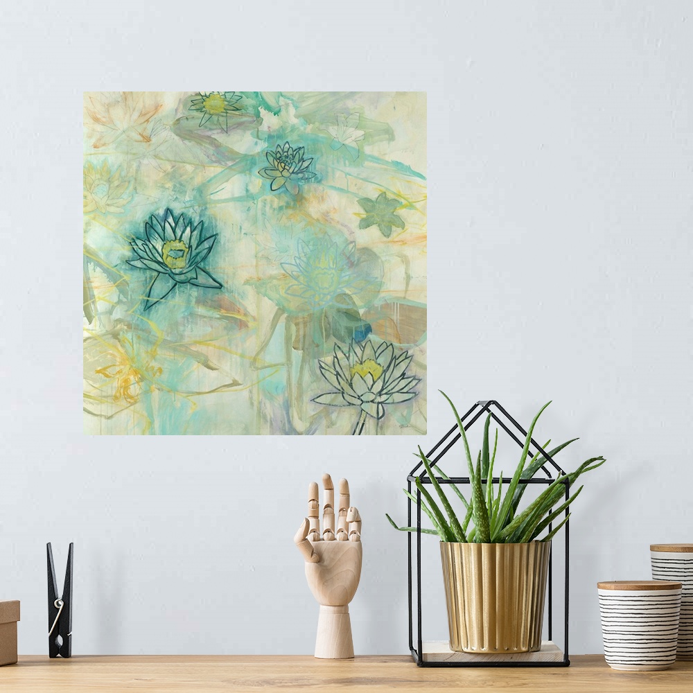 A bohemian room featuring Square painting with light abstract brushstrokes in the background and lotus flowers in the foreg...