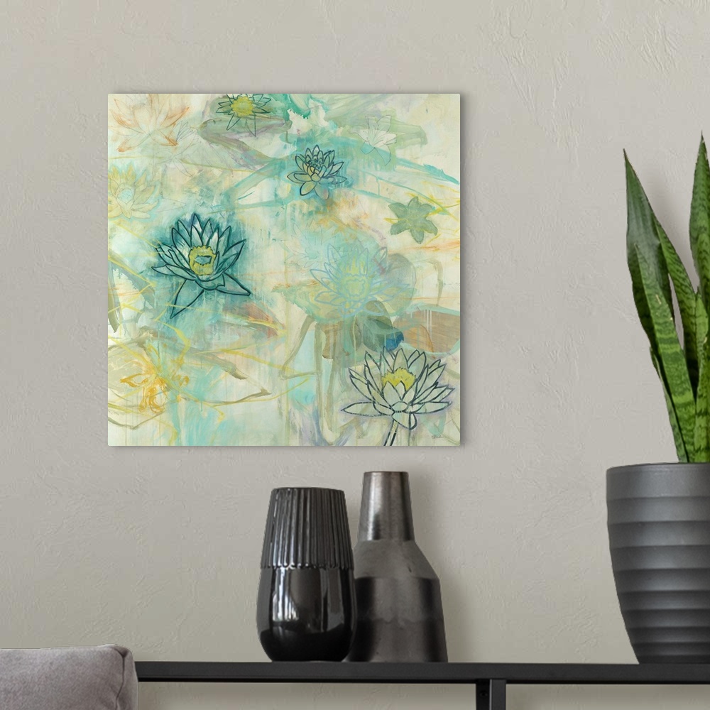 A modern room featuring Square painting with light abstract brushstrokes in the background and lotus flowers in the foreg...
