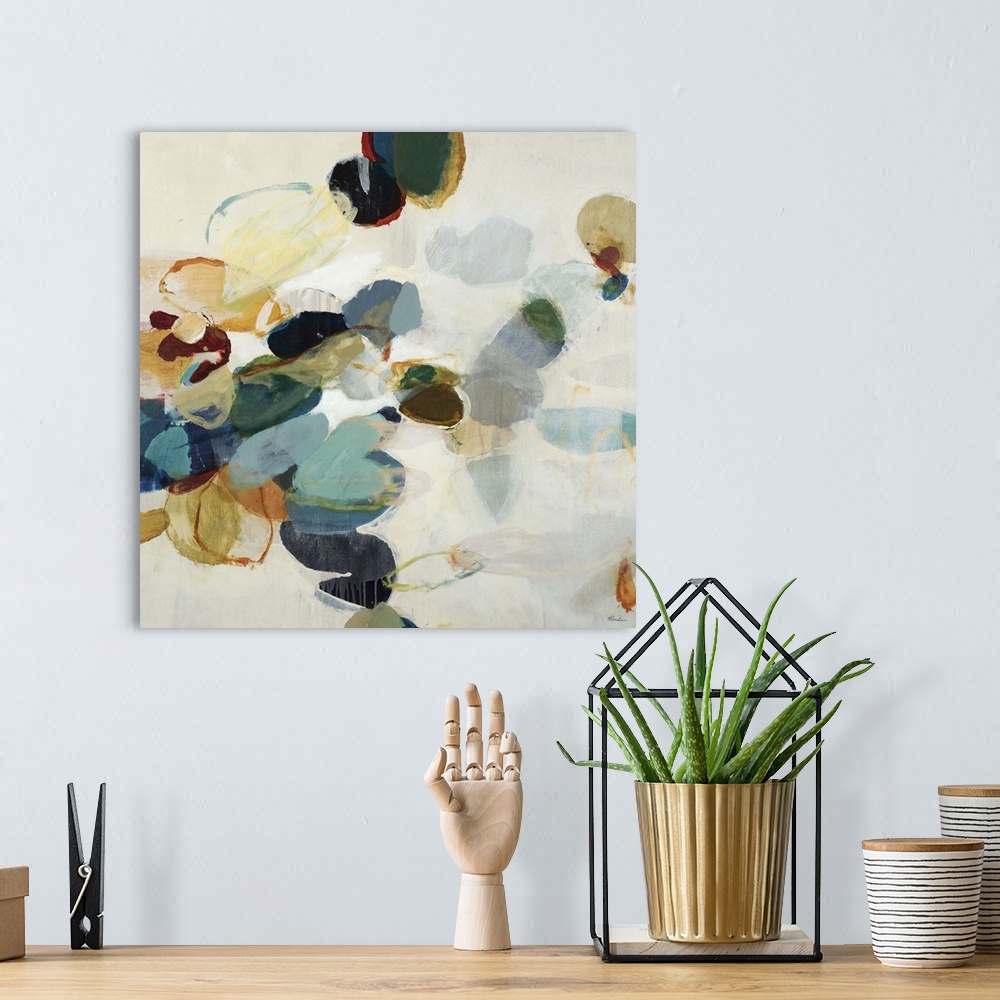 A bohemian room featuring Contemporary abstract painting using neutral tones with cool tones in organic shapes.