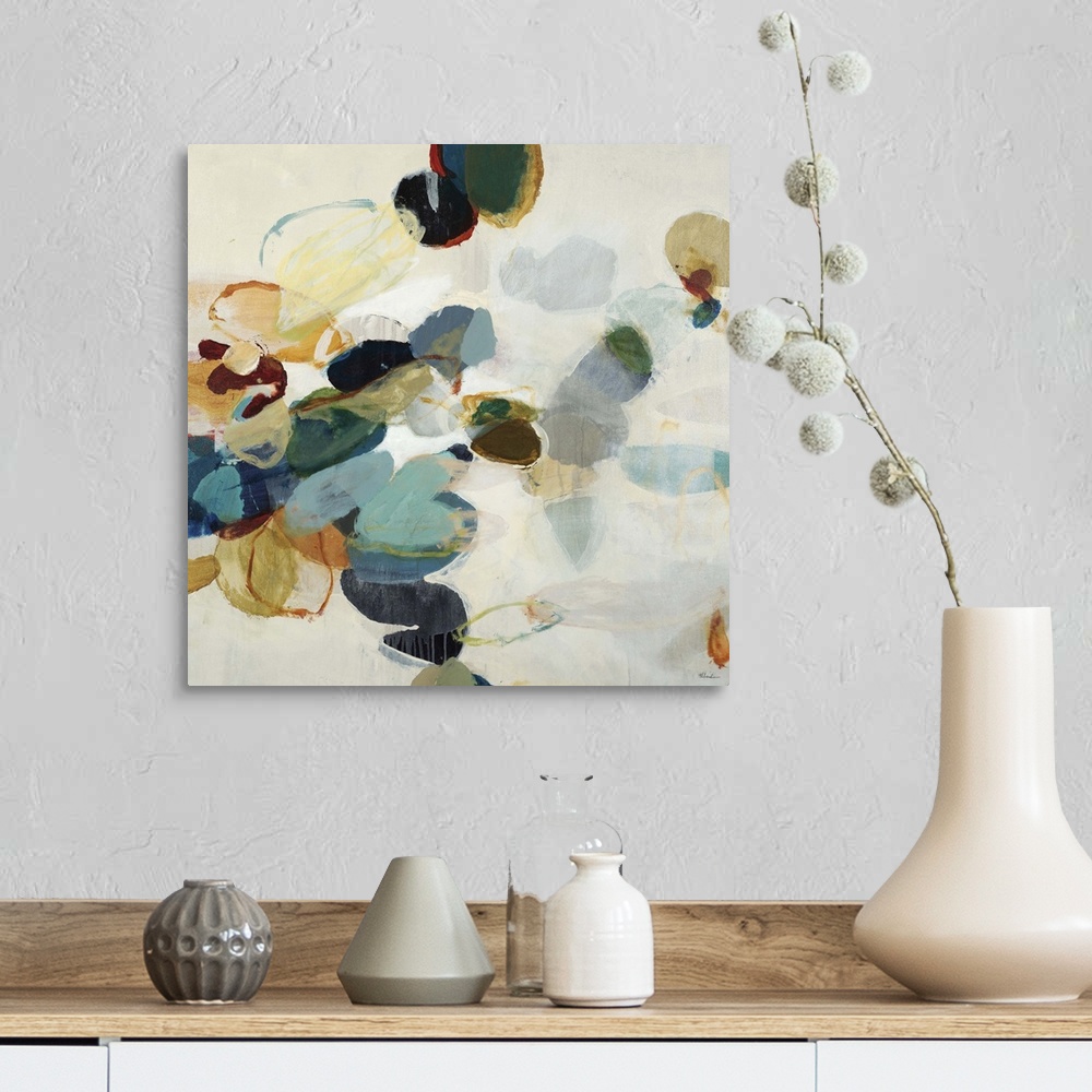 A farmhouse room featuring Contemporary abstract painting using neutral tones with cool tones in organic shapes.