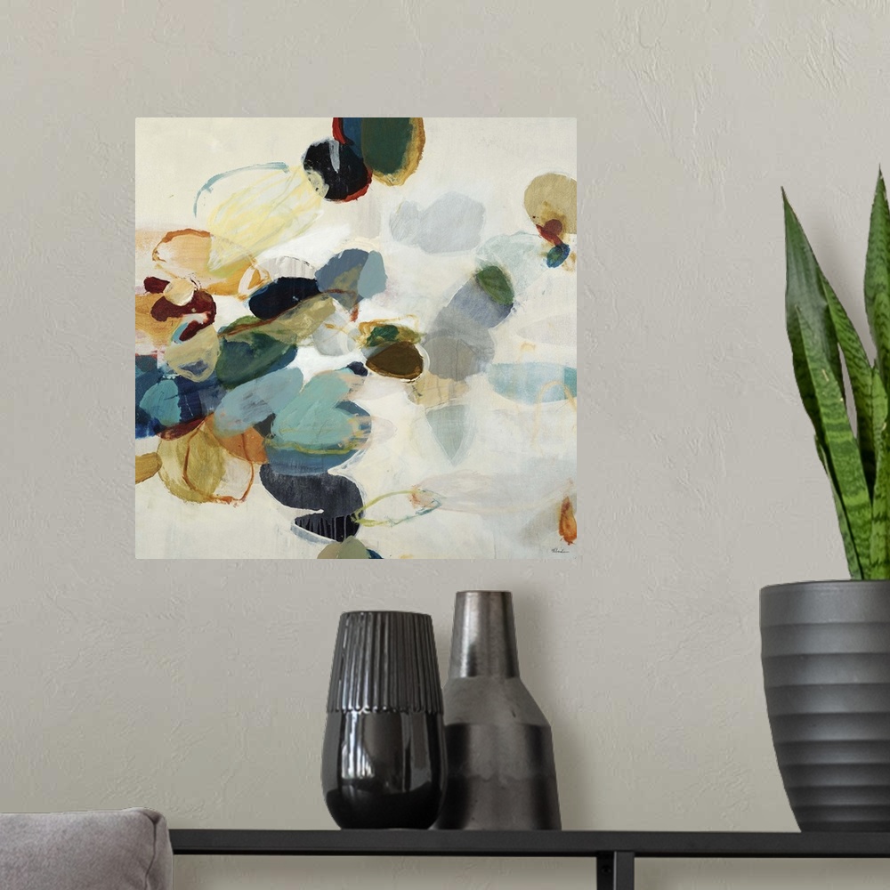 A modern room featuring Contemporary abstract painting using neutral tones with cool tones in organic shapes.