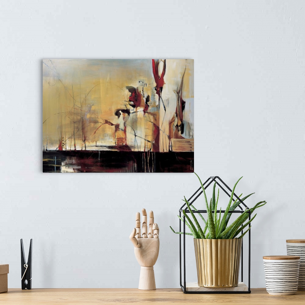 A bohemian room featuring Contemporary abstract painting using harsh lines and wild strokes of warm tones.