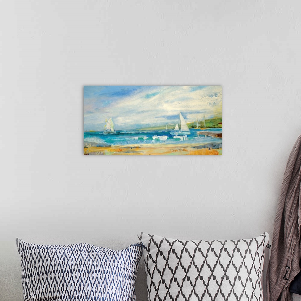 A bohemian room featuring Large artwork for a living room or office of sailboats making their way out to sea near a beach w...