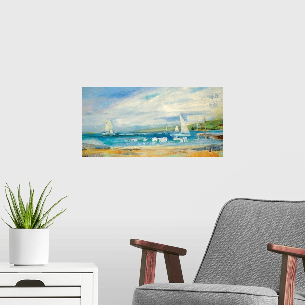 A modern room featuring Large artwork for a living room or office of sailboats making their way out to sea near a beach w...