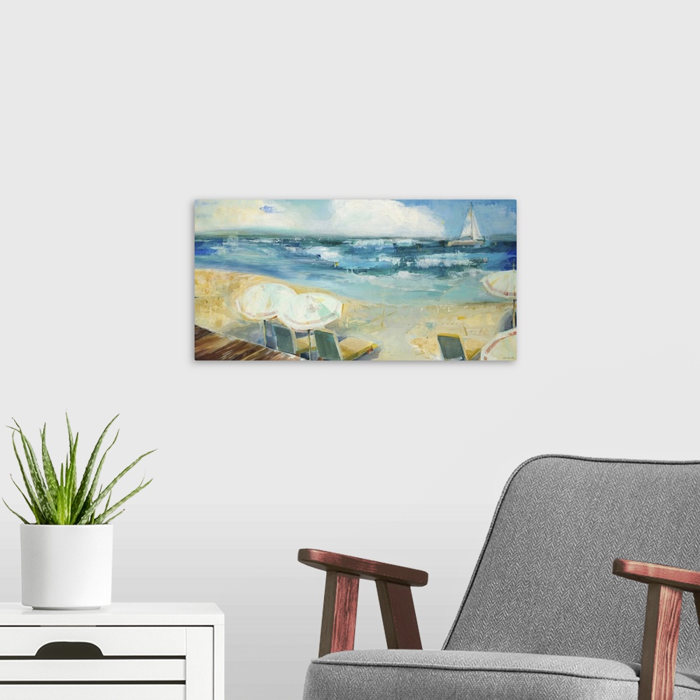 A modern room featuring Contemporary painting of a beach scene with a view of the sea.