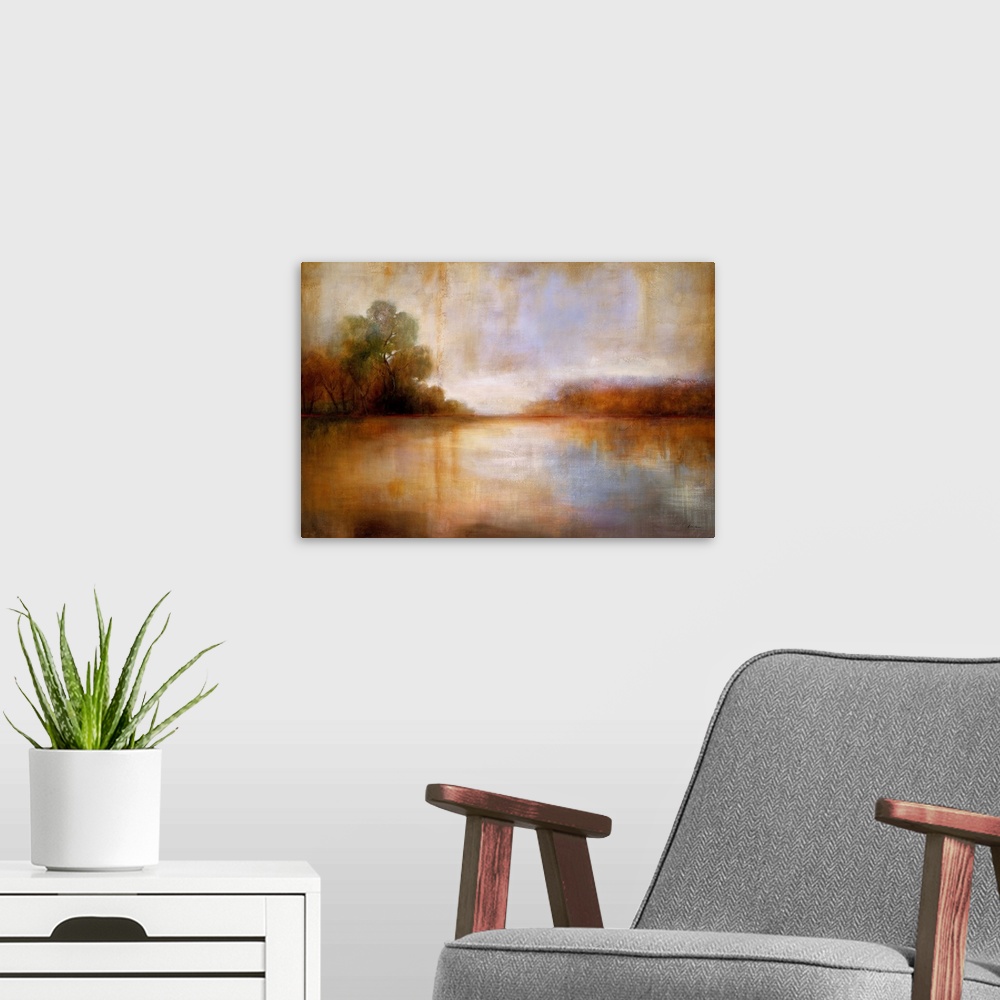 A modern room featuring Contemporary painting of a serene country landscape in warm tones.
