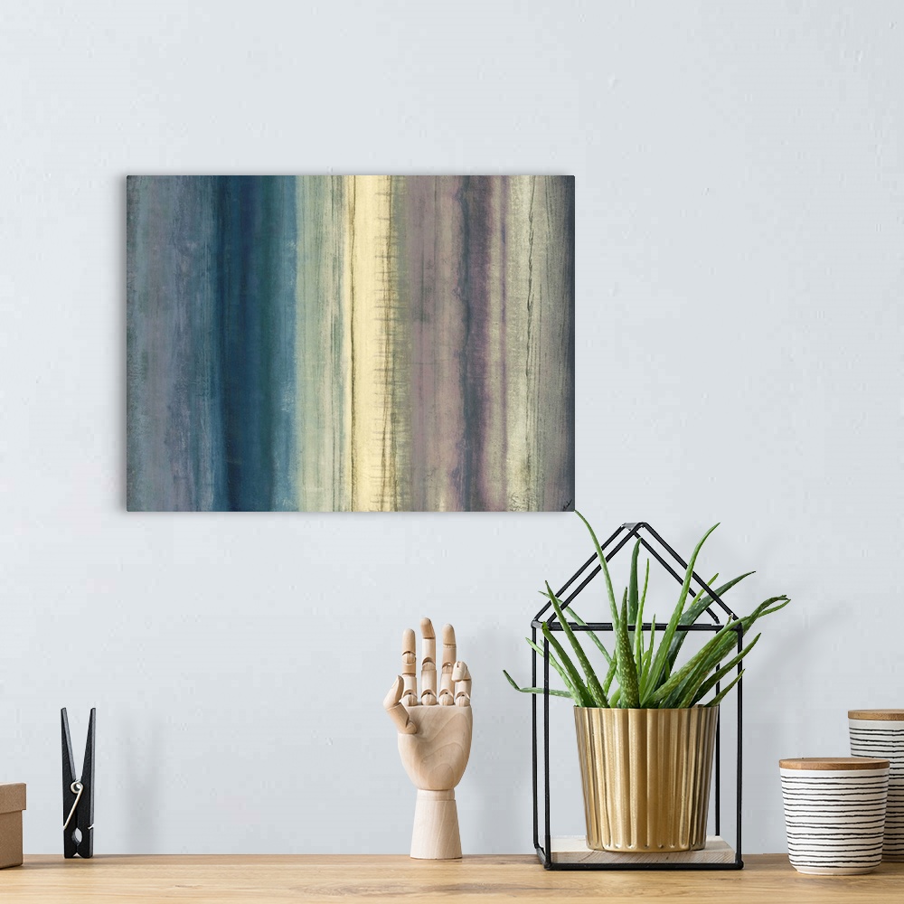 A bohemian room featuring Contemporary abstract painting of muted colors layered in a gradient that goes from left to right...