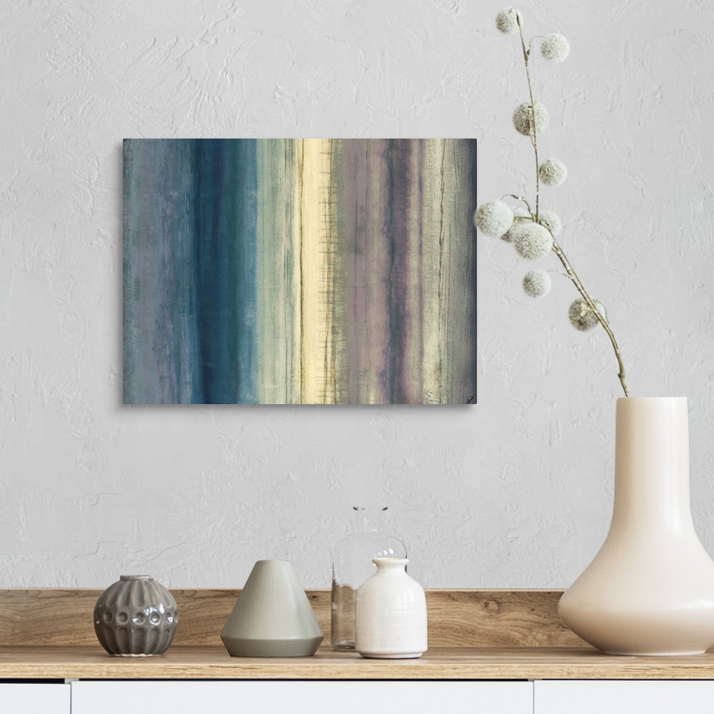 A farmhouse room featuring Contemporary abstract painting of muted colors layered in a gradient that goes from left to right...