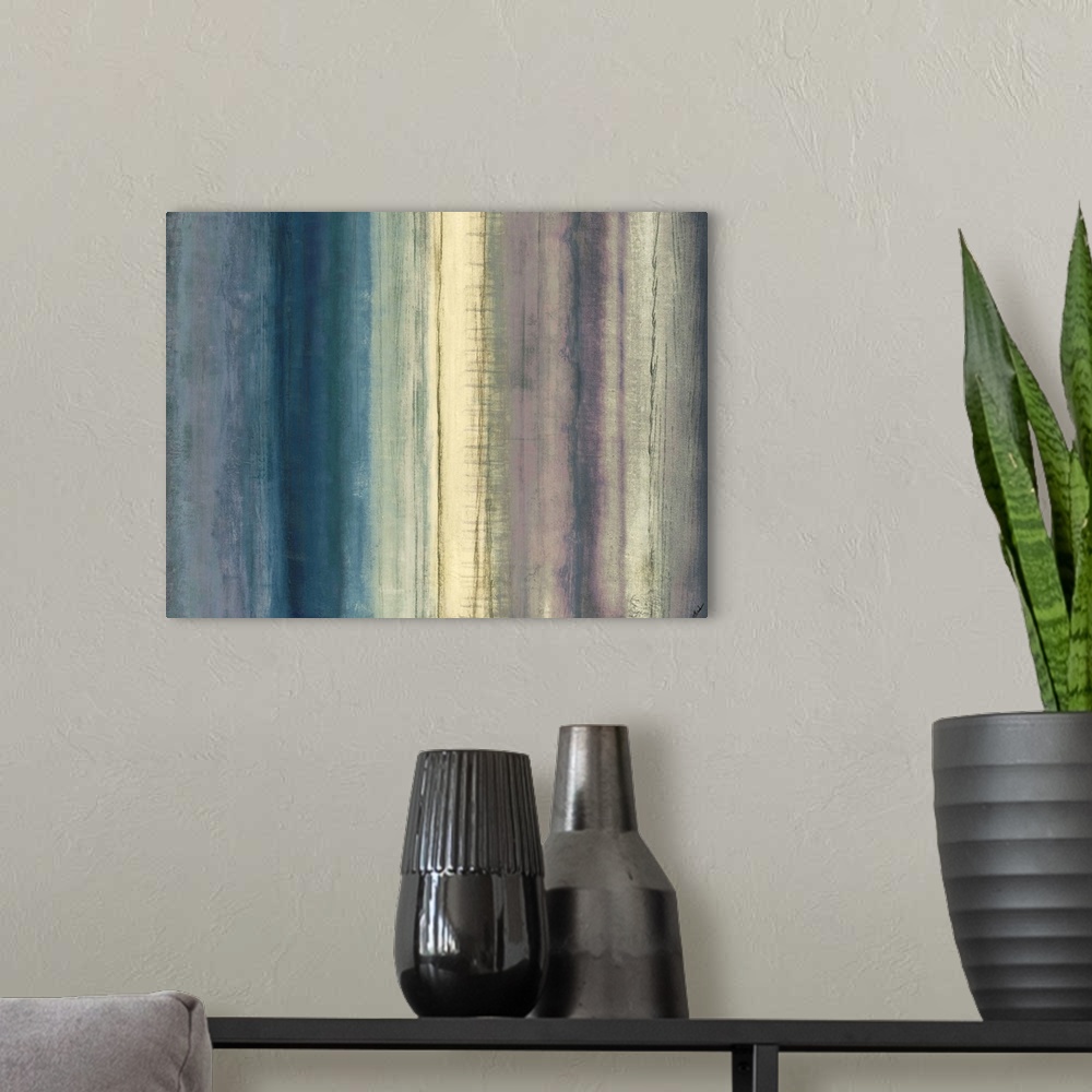 A modern room featuring Contemporary abstract painting of muted colors layered in a gradient that goes from left to right...