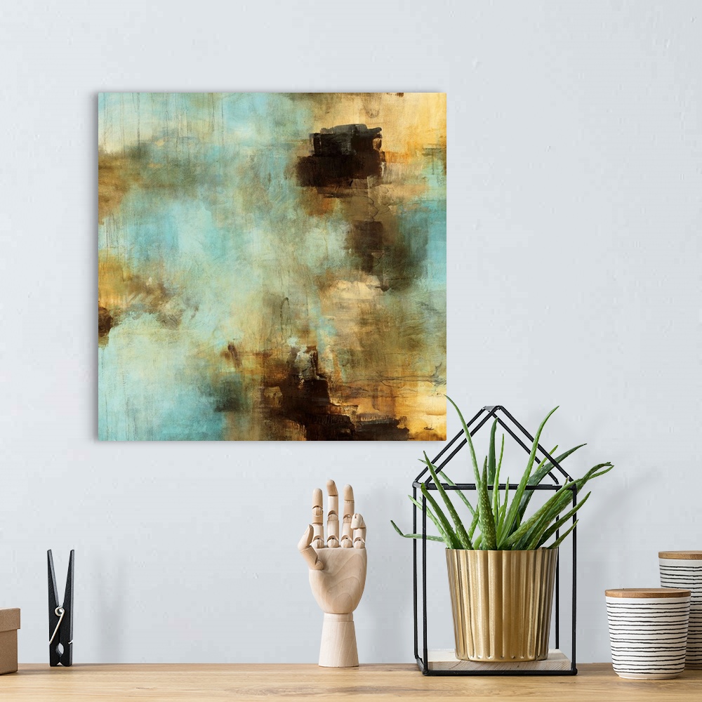 A bohemian room featuring Teal and gold contemporary abstract painting.