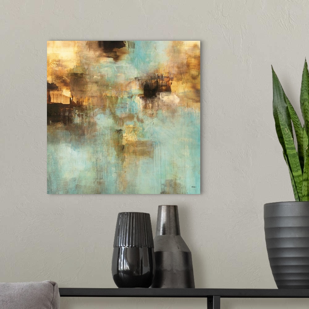 A modern room featuring Teal and gold contemporary abstract painting.