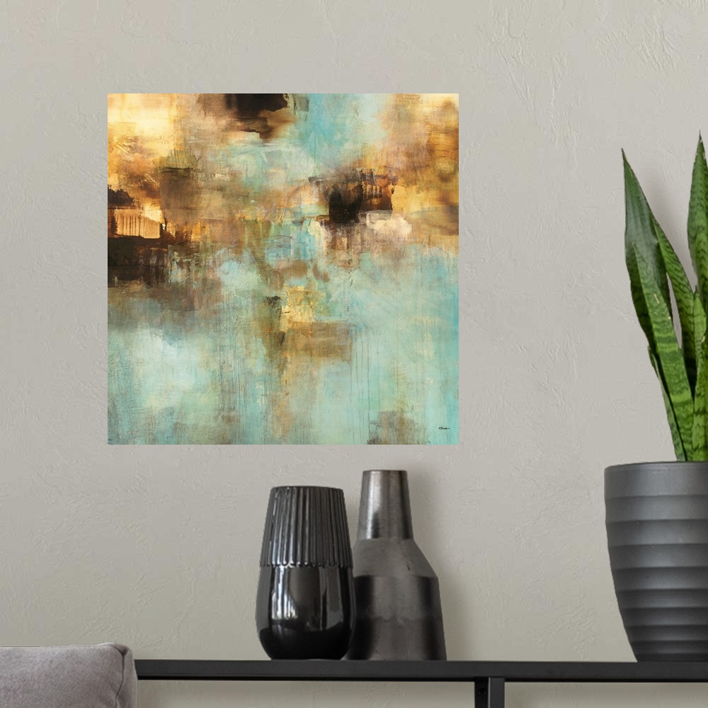 A modern room featuring Teal and gold contemporary abstract painting.