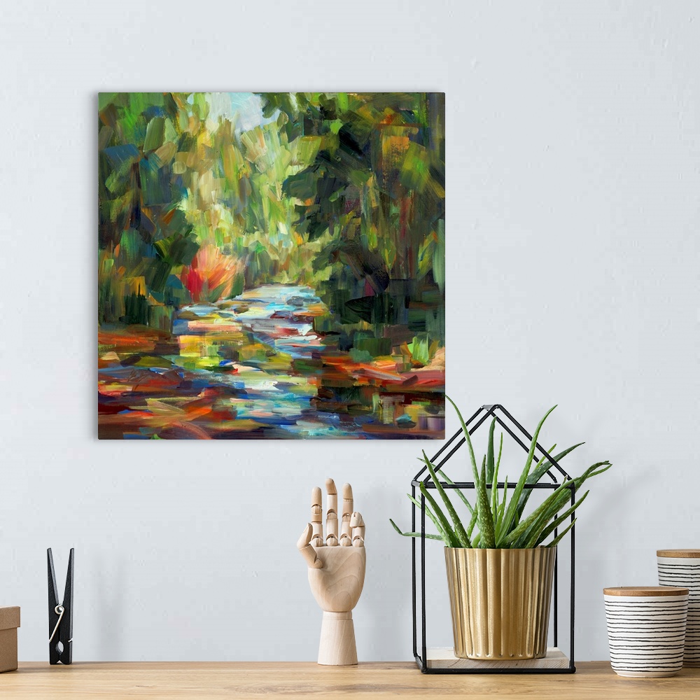A bohemian room featuring A bold contemporary landscape painting with bold, blocky brushstrokes resembling a river flowing ...