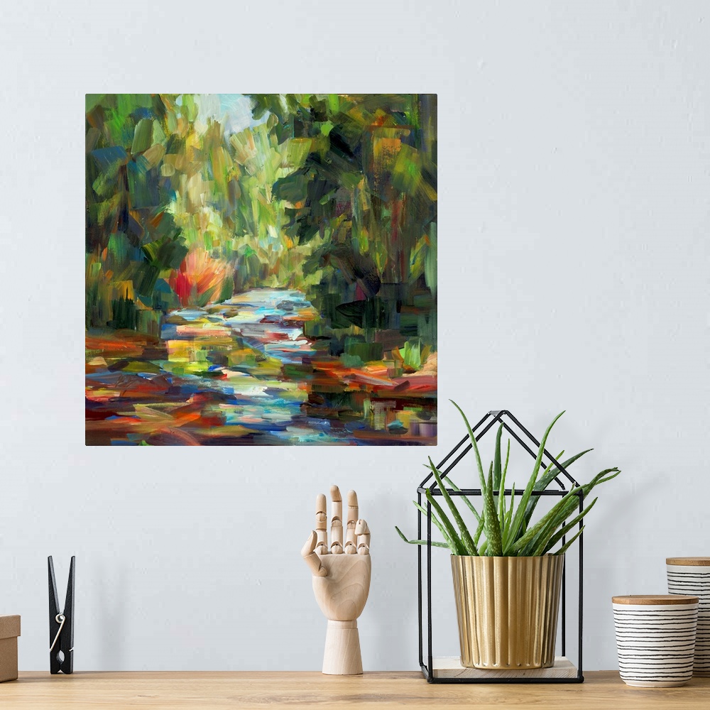 A bohemian room featuring A bold contemporary landscape painting with bold, blocky brushstrokes resembling a river flowing ...