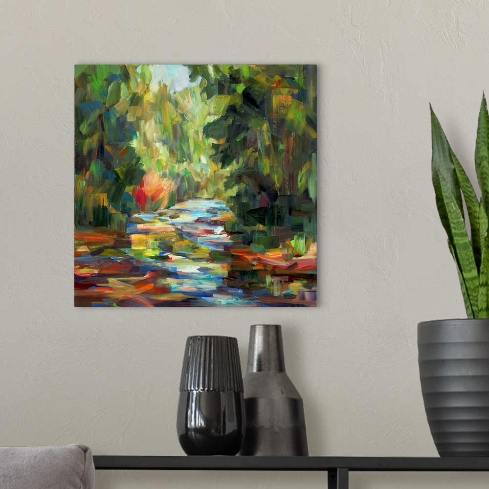 A modern room featuring A bold contemporary landscape painting with bold, blocky brushstrokes resembling a river flowing ...
