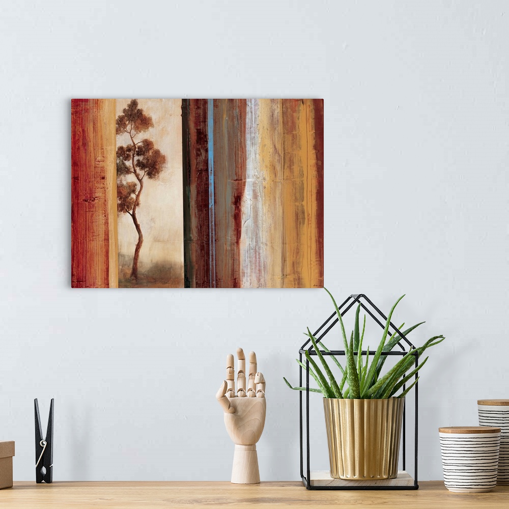 A bohemian room featuring Contemporary abstract painting using vertical lines like shutters concealing parts of a thin tree.