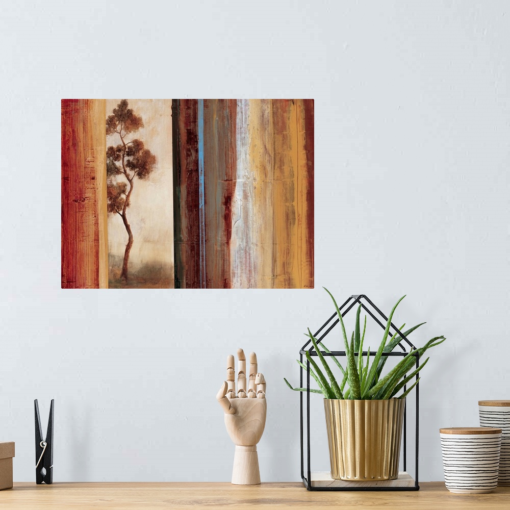 A bohemian room featuring Contemporary abstract painting using vertical lines like shutters concealing parts of a thin tree.