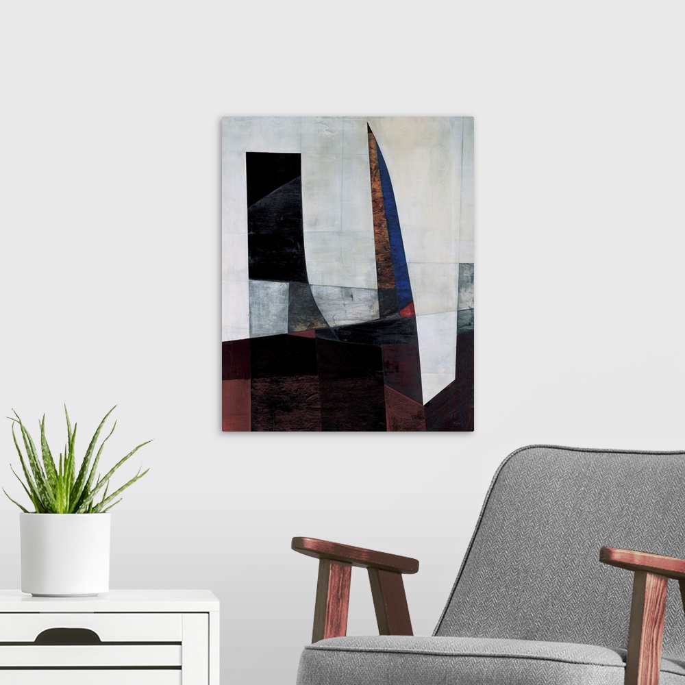 A modern room featuring Contemporary abstract painting using dark colors against neutral colors creating a jagged stagger...