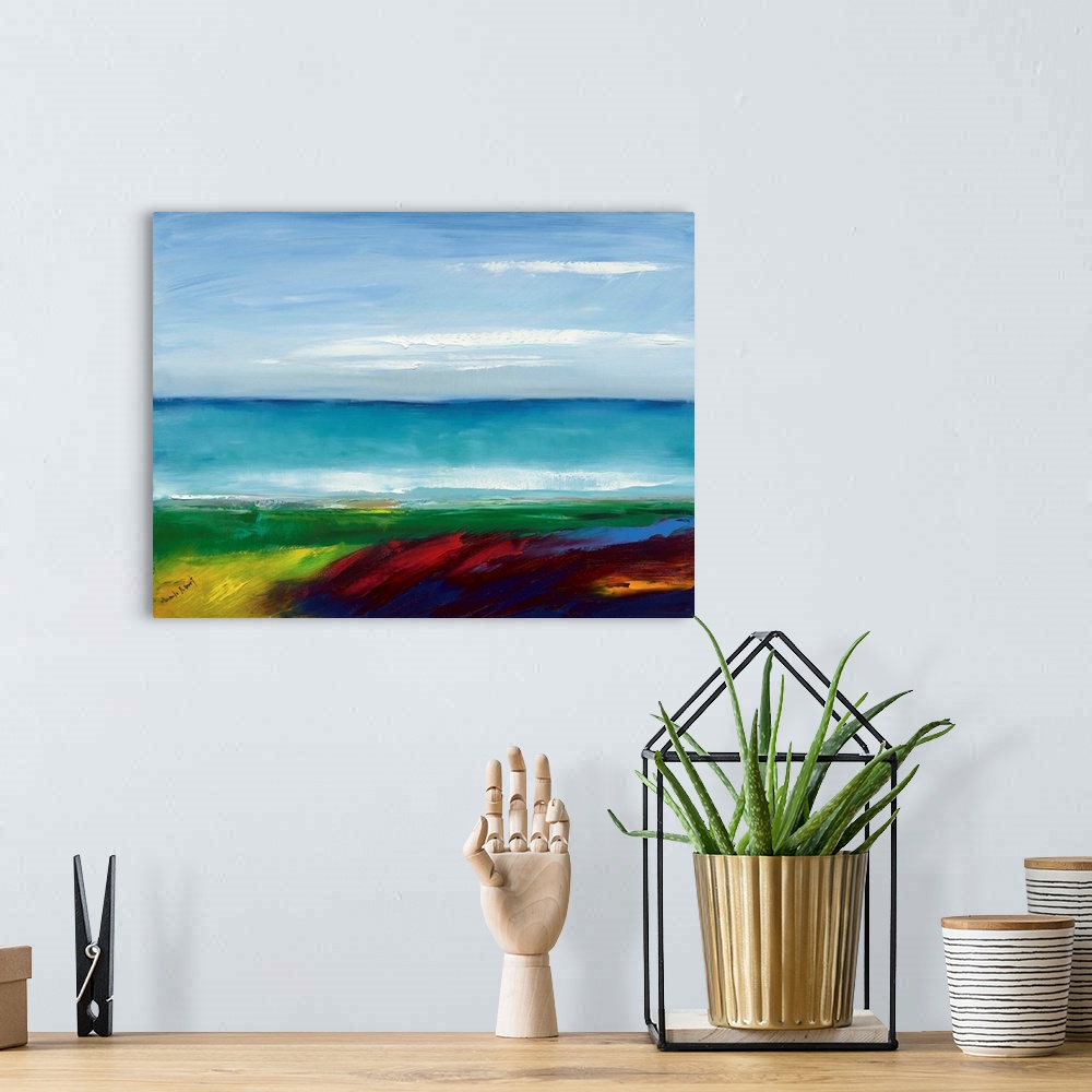 A bohemian room featuring Contemporary abstract painting representing a coastal landscape with bold colors.