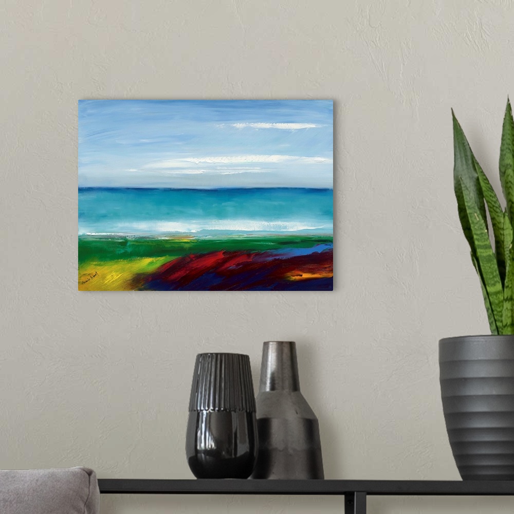 A modern room featuring Contemporary abstract painting representing a coastal landscape with bold colors.