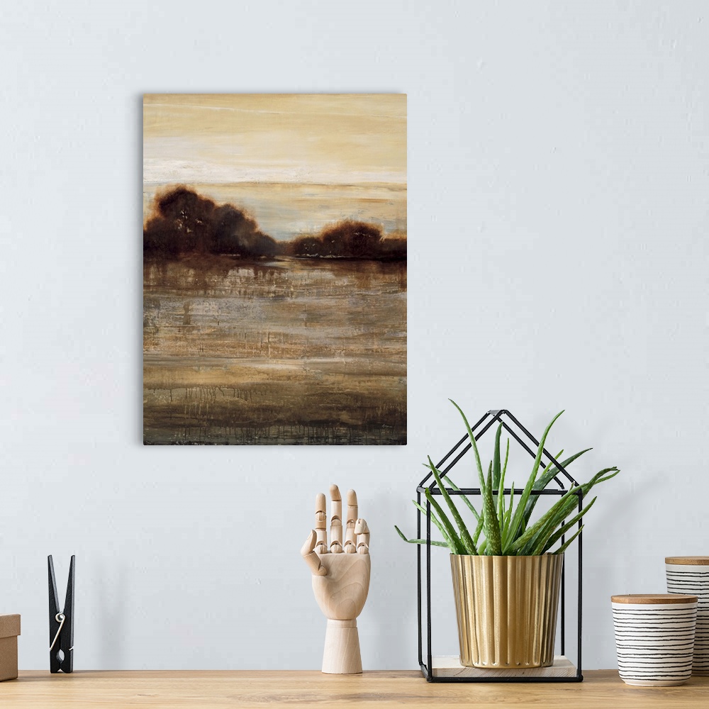 A bohemian room featuring Contemporary abstract painting using warm tones mixed with harsh and heavy earth tones.