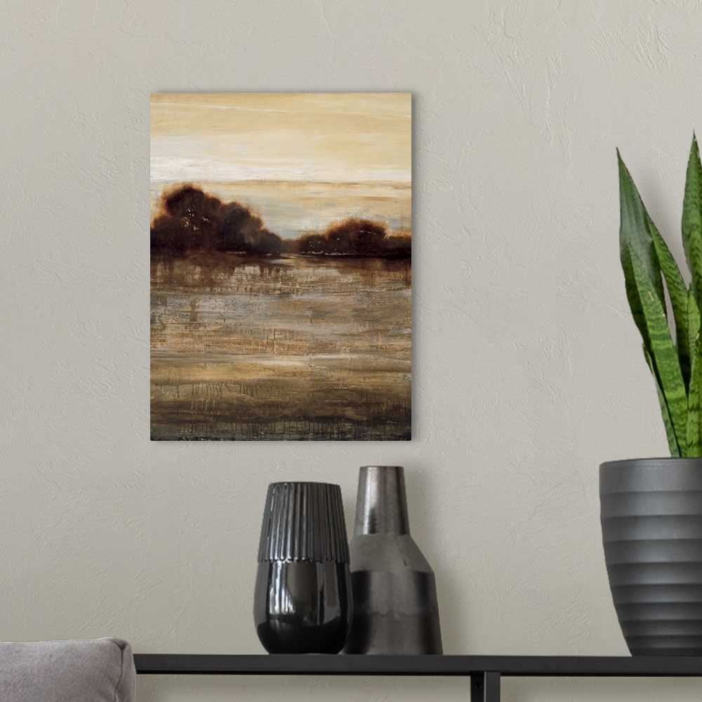 A modern room featuring Contemporary abstract painting using warm tones mixed with harsh and heavy earth tones.
