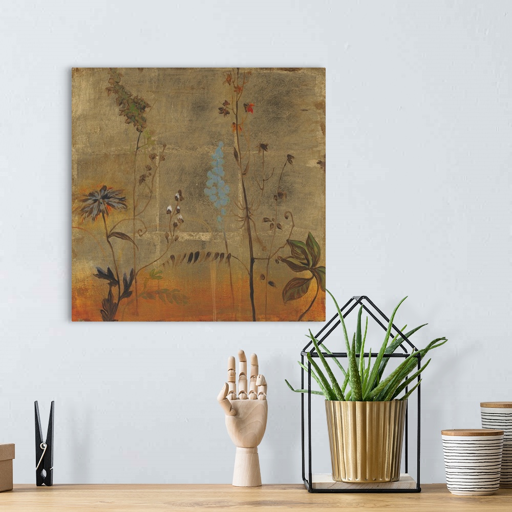 A bohemian room featuring A muted square painting of wild flowers in a meadow with a brown background with a square texture.